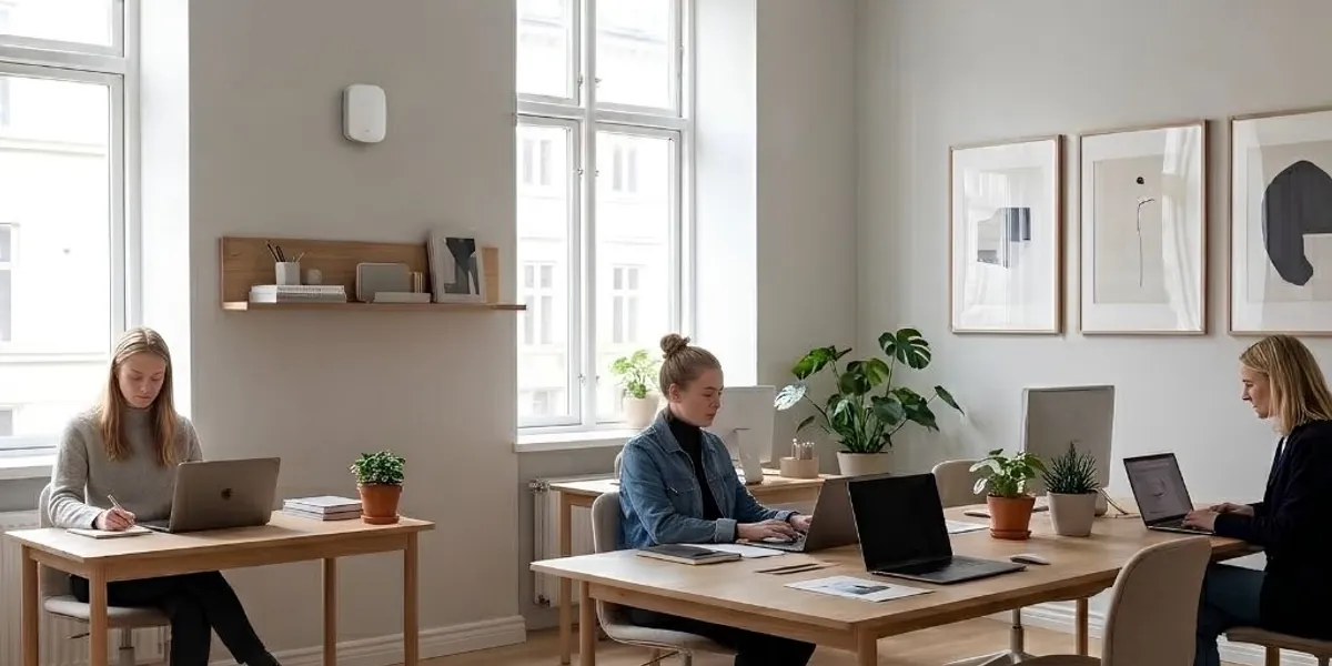 Moderne kontor med trådløse indeklimasensorer i billedet
