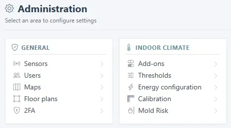 Administration page with the General and Indoor climate groups.