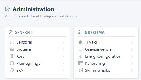Administrationssiden med grupperne Generelt og Indeklima.