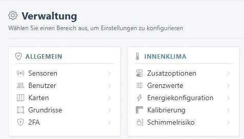 Verwaltungsseite mit den Gruppen Allgemein und Innenklima.