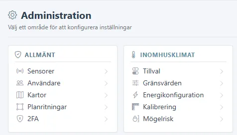 Administrationssidan med grupperna Allmänt och Inomhusklimat.