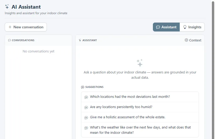 AI Assistant page with suggested questions, the question field, and the Insights tab.