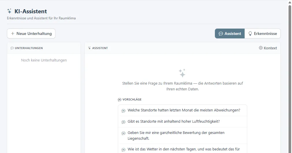 Seite KI-Assistent mit Fragevorschlägen, dem Fragefeld und dem Reiter Erkenntnisse.