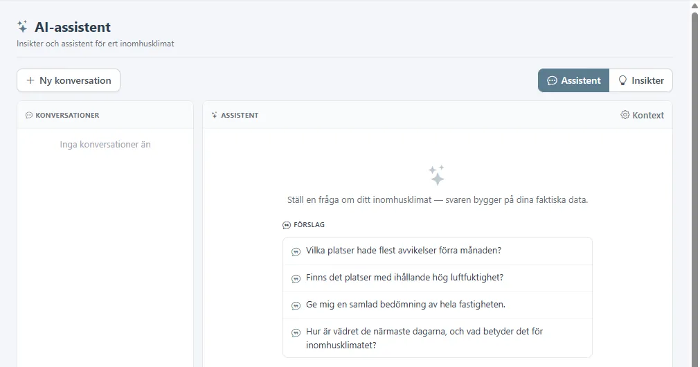 Sidan AI-assistent med förslag på frågor, frågefältet och fliken Insikter.