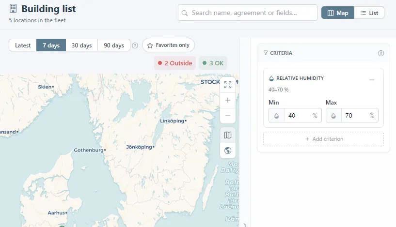 Building list in map view, with location pins and the criteria panel.