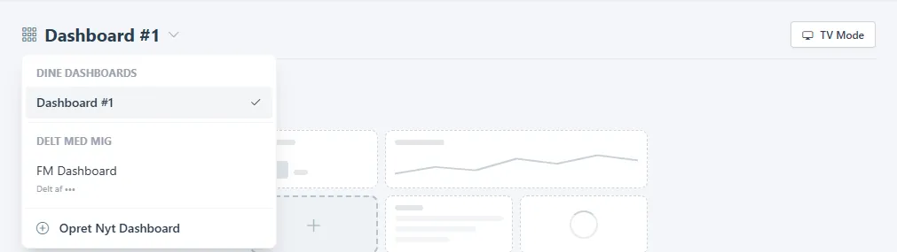 Dashboard-menu med Dine dashboards, Delt med mig og Opret Nyt Dashboard.