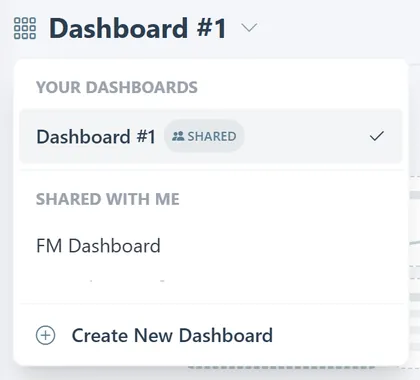 Dashboard menu with a Shared badge on Dashboard #1 and a dashboard under Shared with me.