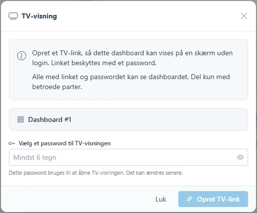 Dialogen TV-visning med dashboardets navn, et password-felt og knappen Opret TV-link.