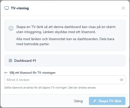 Dialogen TV-visning med dashboardens namn, ett lösenordsfält och knappen Skapa TV-länk.