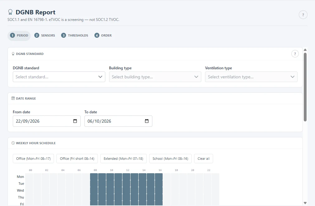 DGNB report wizard on the first step, with standard, building type, and dates.