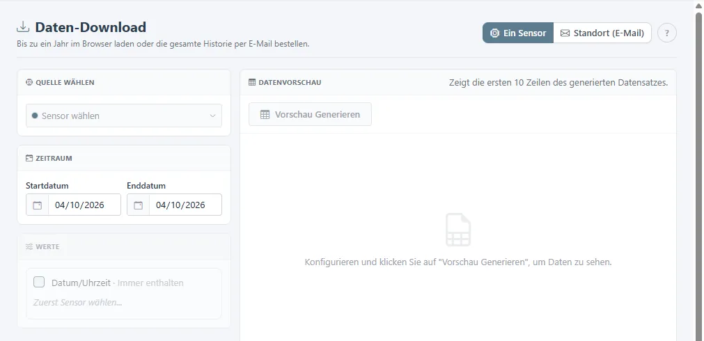 Seite Daten-Download mit Ein Sensor und Standort (E-Mail), Quelle, Zeitraum, Werten und Datenvorschau.