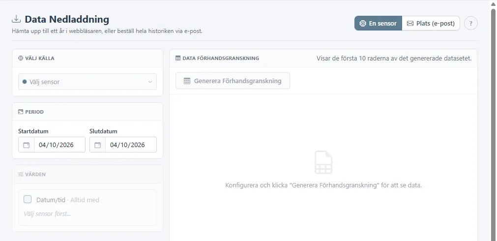 Sidan Data Nedladdning med En sensor och Plats (e-post), källa, period, värden och förhandsvisning.