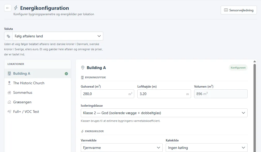 Energikonfiguration med valuta, lokationsliste, bygningsfysik, energikilder og komfortzone.