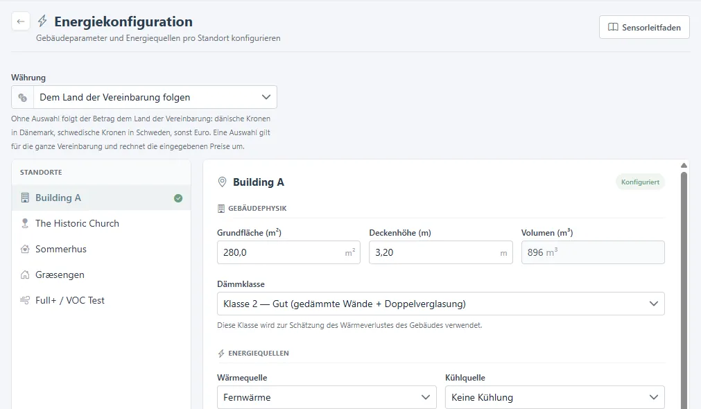 Energiekonfiguration mit Währung, Standortliste, Gebäudephysik, Energiequellen und Komfortzone.