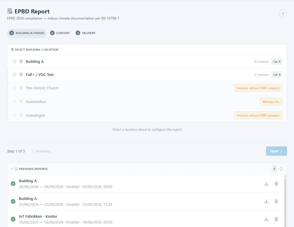 EPBD report wizard on the first step, with locations and earlier reports.