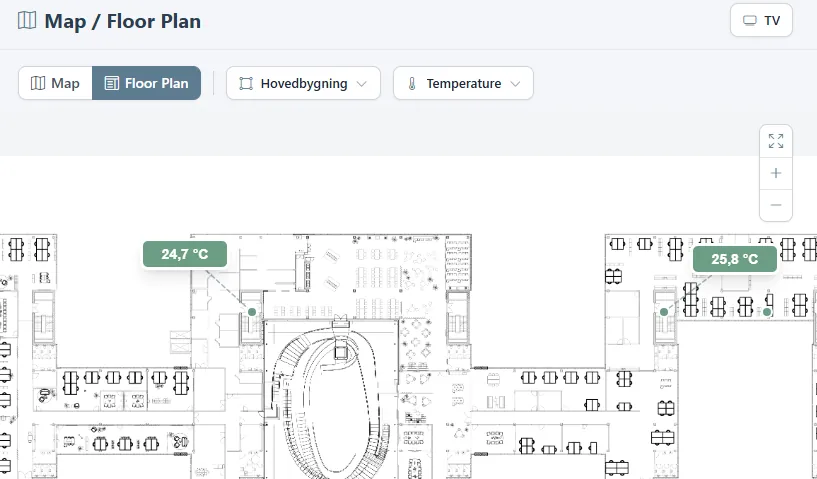 Map / Floor Plan page in Floor Plan view with live temperatures on the plan.