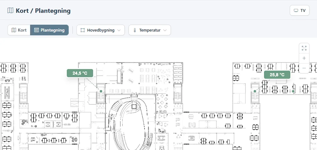 Siden Kort / Plantegning i visningen Plantegning med live-temperaturer på tegningen.