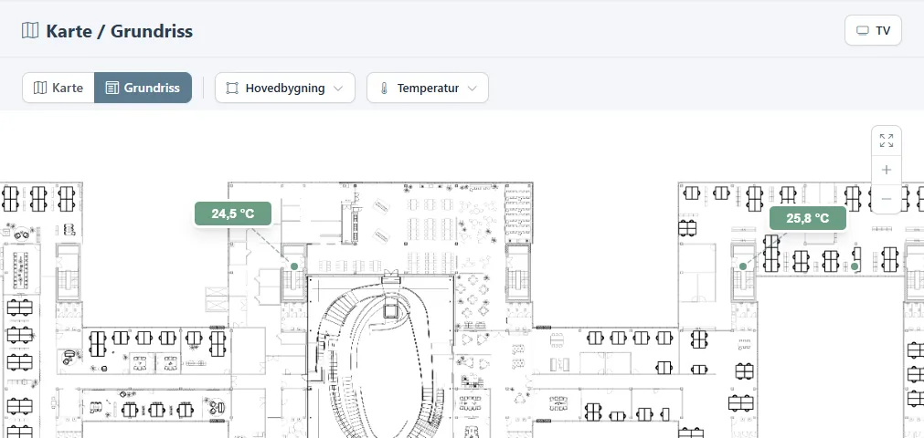 Seite Karte / Grundriss in der Grundrissansicht mit Live-Temperaturen auf dem Plan.