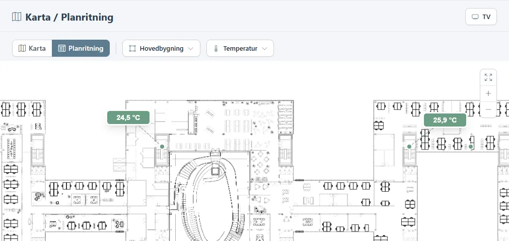 Sidan Karta / Planritning i vyn Planritning med live-temperaturer på ritningen.