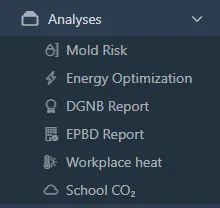 Side menu with Analyses open, showing the indoor climate analyses.