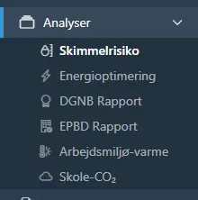 Sidemenu med Analyser åben, der viser indeklima-analyserne.