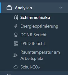 Seitenmenü mit geöffneten Analysen, die die Raumklima-Analysen zeigen.