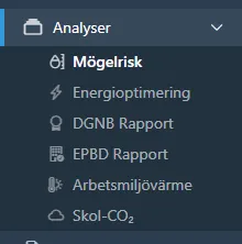 Sidomeny med Analyser öppen, som visar inomhusklimat-analyserna.