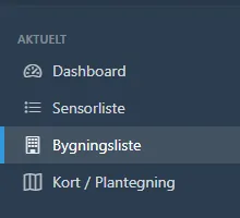 Sidemenu med Bygningsliste fremhævet.