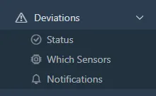 Side menu with Deviations open, showing Status, Which Sensors, and Notifications.