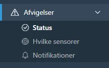 Sidemenu med Afvigelser åben, der viser Status, Hvilke sensorer og Notifikationer.