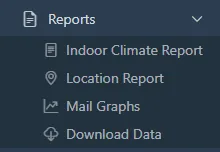 Side menu with Reports open, showing Indoor Climate Report and Location Report.