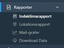 Sidemenu med Rapporter åben, der viser Indeklimarapport og Lokationsrapport.