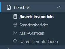 Seitenmenü mit geöffneten Berichten, die Raumklimabericht, Standortbericht, Mail-Grafiken und Daten herunterladen zeigen.