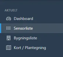 Sidemenu med Sensorliste fremhævet.