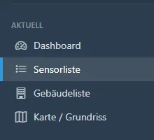 Seitenmenü mit hervorgehobener Sensorliste.