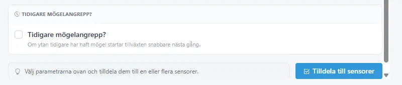 Nedre delen av inställningarna för Mögelrisk med knappen Tilldela till sensorer.
