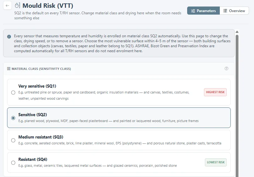 Mould Risk (VTT) settings with the four material classes and the drying speed.
