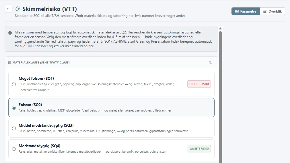 Indstillinger for Skimmelrisiko (VTT) med de fire materialeklasser og udtørringshastigheden.
