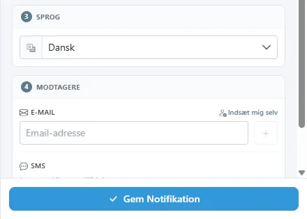 Sektionerne Sprog og Modtagere i formularen Opret notifikation.
