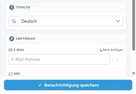 Abschnitte Sprache und Empfänger im Formular Benachrichtigung erstellen.