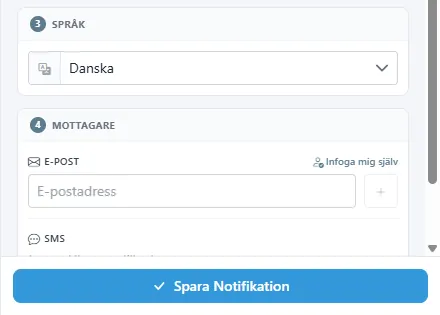Sektionerna Språk och Mottagare i formuläret Skapa notifikation.