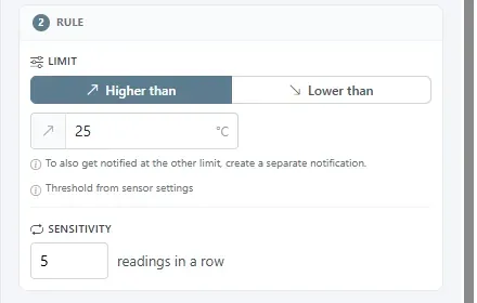 Rule section with Higher than selected, a 25 °C limit, and a sensitivity of 5 readings in a row.