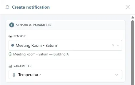 Sensor & parameter section of the Create notification form with a sensor and Temperature chosen.