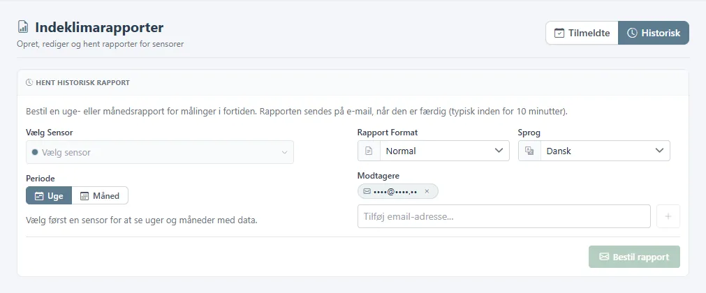 Formular til historisk indeklimarapport med sensor, periode, format og sprog.