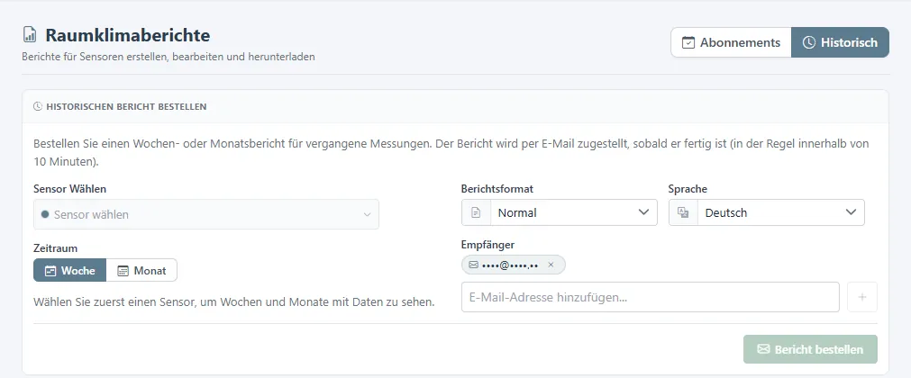 Formular für den historischen Raumklimabericht mit Sensor, Zeitraum, Format und Sprache.