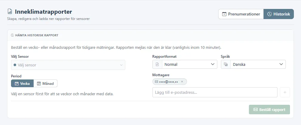 Formulär för historisk inomhusklimatrapport med sensor, period, format och språk.