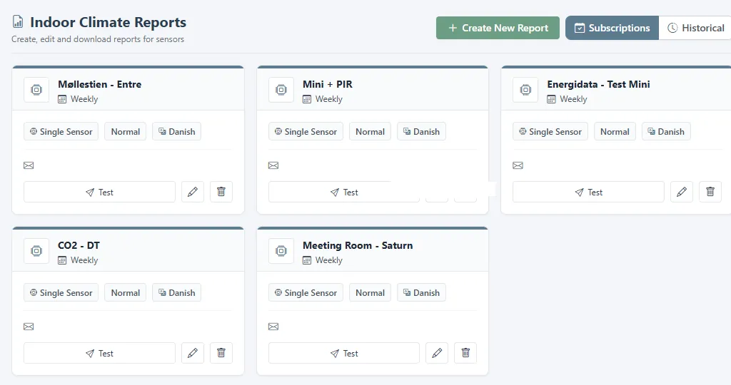 Indoor climate report subscriptions, with schedule and language.