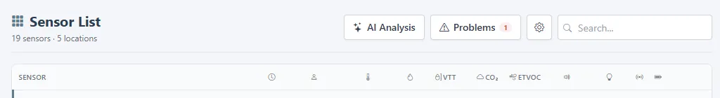 Sensor list search field and problem filter.
