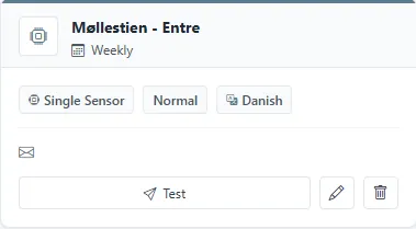 One report subscription card with Test, edit, and delete.