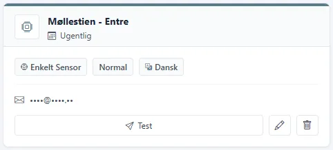 Ét kort for en rapporttilmelding med Test, rediger og slet.